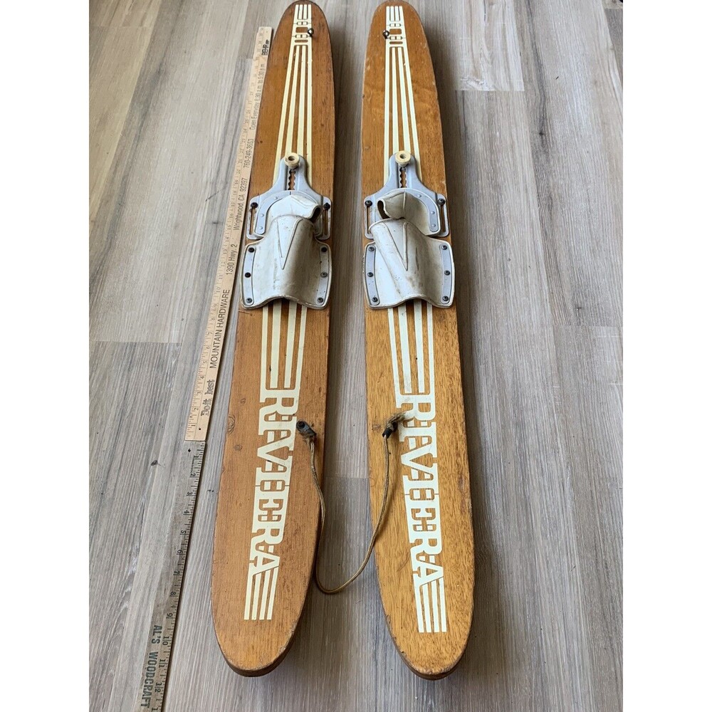 Vintage Pair Junior Size RIVIERA Adjustable Binding Metal Wood Water Skis